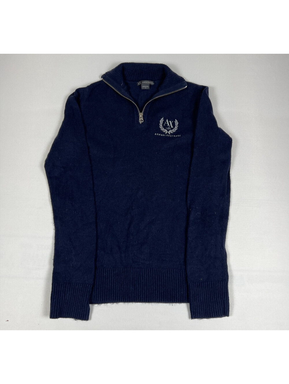 Armani Exchange Men's S Navy Blue Quarter Zip Knit Pullover Sweater Logo Crest